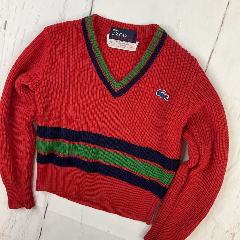Izod Lacoste Sweater Kids Sz 6 Red Cable Knit V-Neck Acrylic 80s Vintage